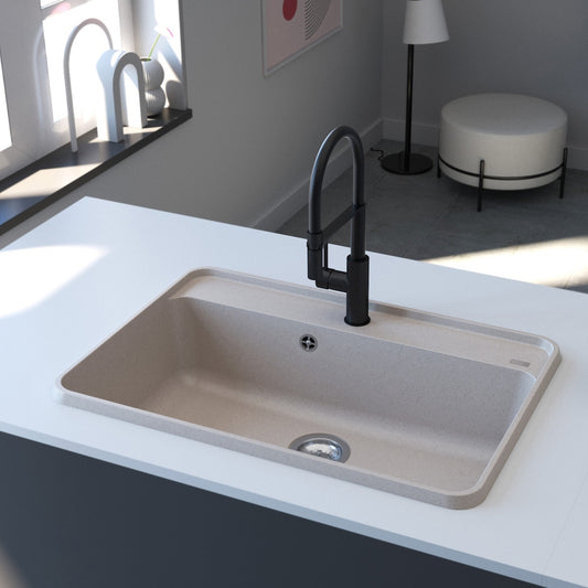 Bež mat jednodelna granitna sudopera sa hrom sifonom i drvenom daskom