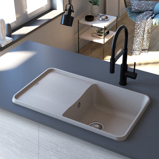 Bež mat jednodelna granitna sudopera sa oceđivačem, hrom sifonom i drvenom daskom