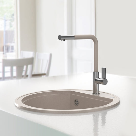 Bež mat kružna, jednodelna granitna sudopera sa hrom sifonom i drvenom daskom