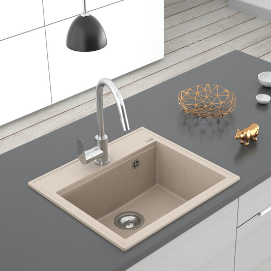 Bež mat jednodelna granitna sudopera sa hrom sifonom i drvenom daskom