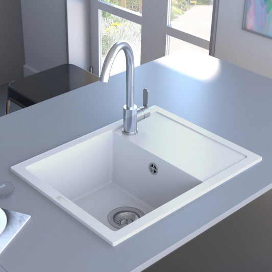 Bela mat jednodelna granitna sudopera sa oceđivačem, hrom sifonom i drvenom daskom