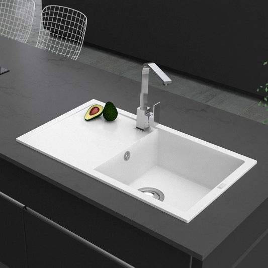 Bela mat jednodelna granitna sudopera sa oceđivačem, hrom sifonom i drvenom daskom