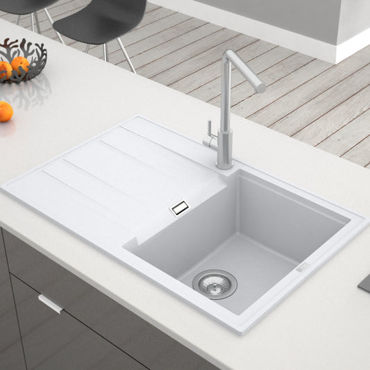 Bela mat jednodelna granitna sudopera sa oceđivačem, hrom sifonom i drvenom daskom