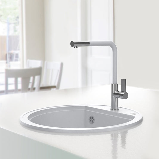 Bela mat kružna, jednodelna granitna sudopera sa hrom sifonom i drvenom daskom