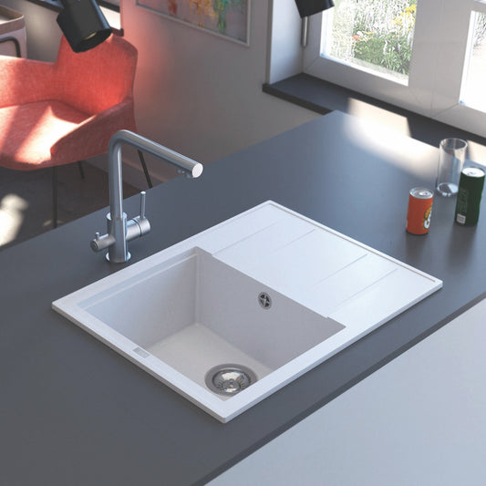 Bela mat jednodelna granitna sudopera sa oceđivačem, hrom sifonom i drvenom daskom