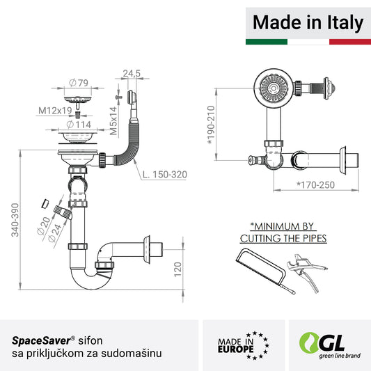 Jednodelni sifon sa prelivom i priključkom za sudomašinu