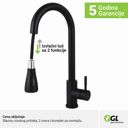 Kuhinjska slavina, crna, 2C, izvlačni tuš