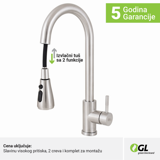 Kuhinjska slavina, inox, 2C, izvlačni tuš