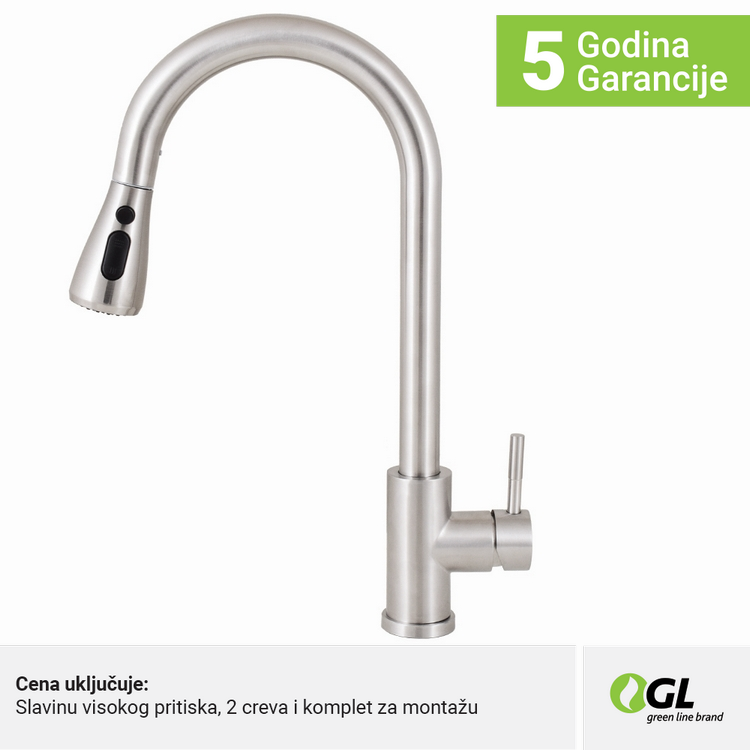 Kuhinjska slavina, inox, 2C, izvlačni tuš
