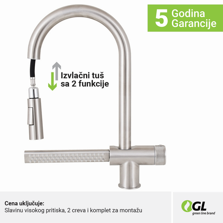 Kuhinjska slavina, inox, 2C, izvlačni tuš