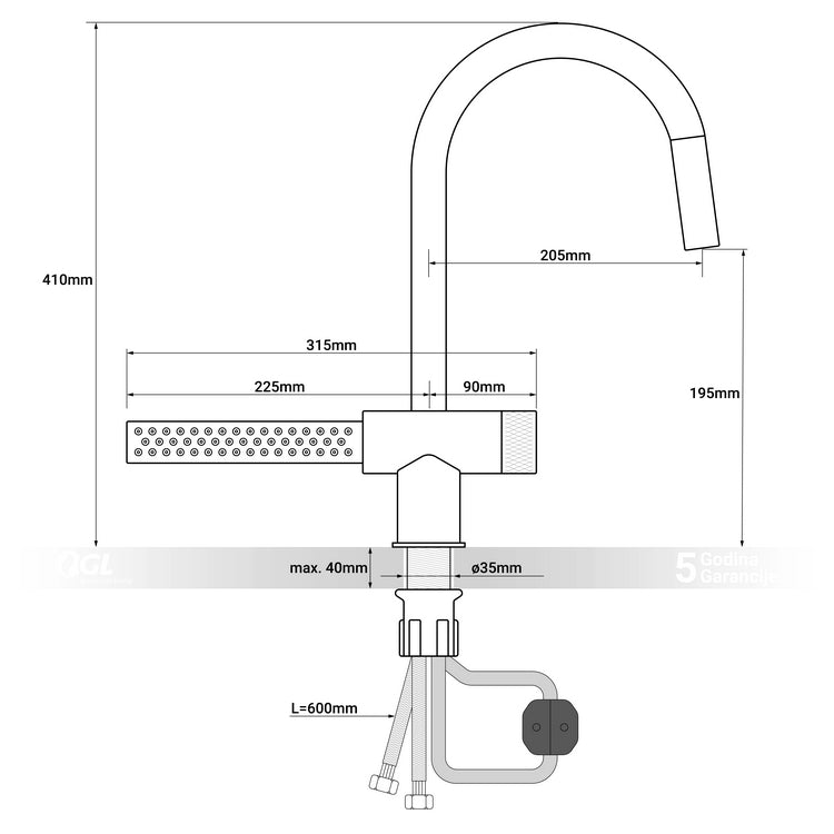 Kuhinjska slavina, inox, 2C, izvlačni tuš