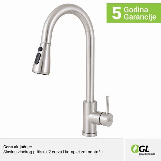 Kuhinjska slavina, inox, 2C, izvlačni tuš