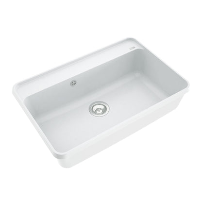 Bela mat jednodelna sudopera, inox slavina sa izvlačnim tušem, perač čaša, dozer, rolo oceđivač, korpica